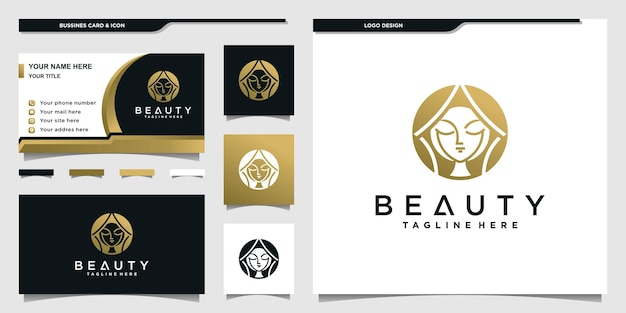 Logotipo de mujer de belleza con concepto de colores degradados dorados para salón de belleza y diseño de tarjetas de negocios vector premium