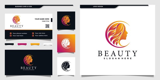 Logotipo de mujer de belleza con concepto de flor de colores degradados únicos y tarjeta de visita