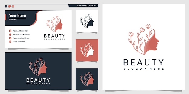 Logotipo de mujer de belleza con estilo de arte de línea de flores y plantilla de diseño de tarjeta de visita, silueta, mujer, belleza