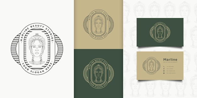 Logotipo de mujer de belleza con peinado elegante en concepto lineal y estilo vintage para logotipos de moda, salón, cosmética o estudio de belleza