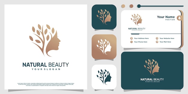 Logotipo de mujer con concepto de naturaleza vector premium