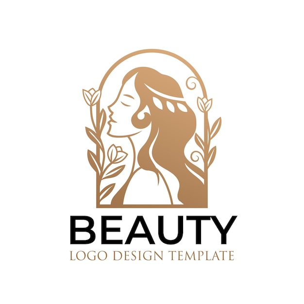 Vector logotipo de mujer hermosa con flores y hojas de oro