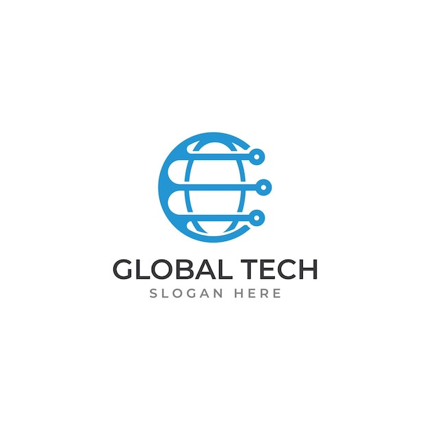 Logotipo mundial de tecnología digital moderna global o planeta tecnológico y logotipo de protección de tecnología digital con plantilla de ilustración de vector de concepto