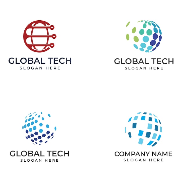 Logotipo mundial de tecnología digital moderna global o planeta tecnológico y logotipo de protección de tecnología digital con plantilla de ilustración de vector de concepto