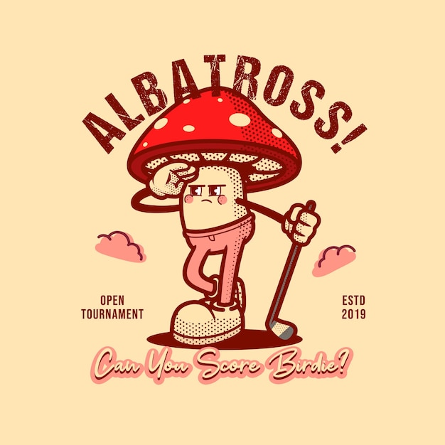 El logotipo de Mushroom Golf es vintage y retro.