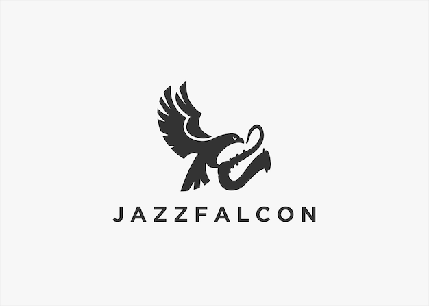 Logotipo de música de pájaro con ilustración de silueta de vector de trompeta y águila