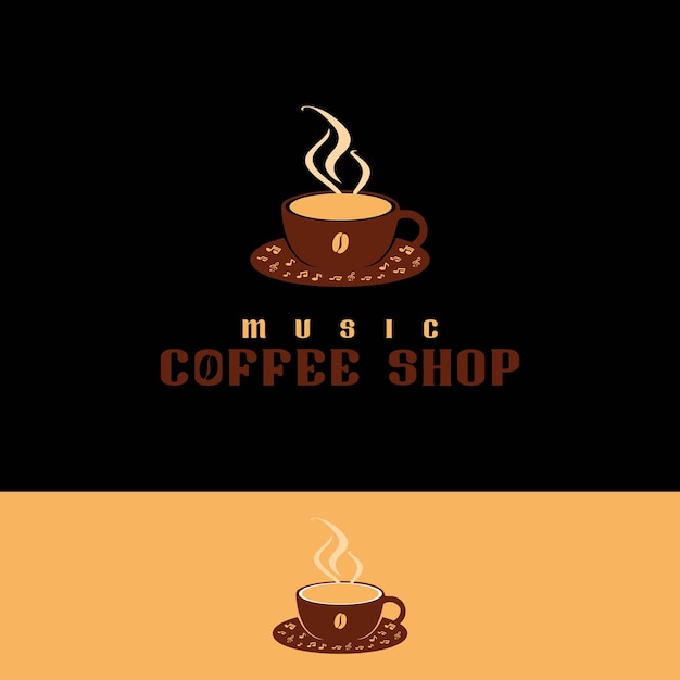 Logotipo de música de taza de café caliente con icono de grano de café y nota musical