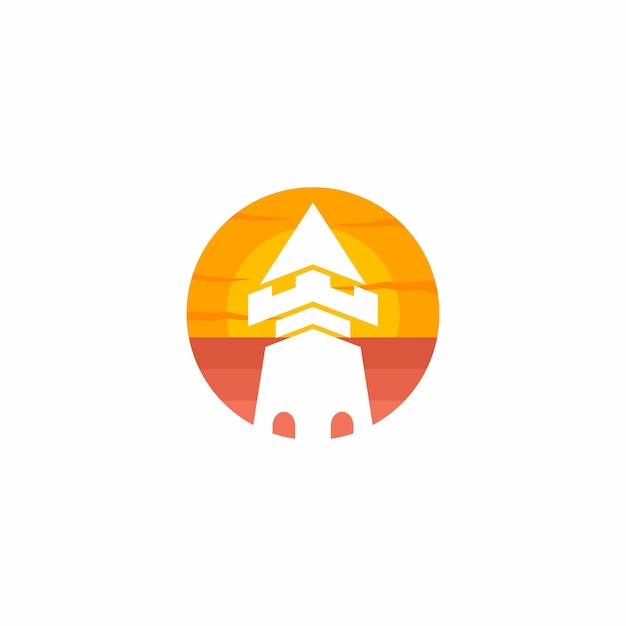 Logotipo naranja y amarillo con una torre y un sol.
