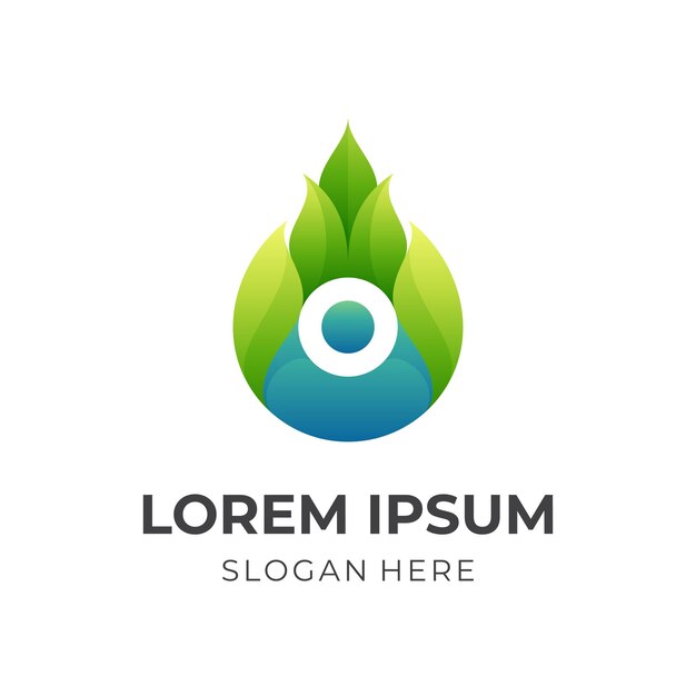 Logotipo de naturaleza fresca, hoja y agua, logotipo de combinación con estilo de color azul y verde 3d