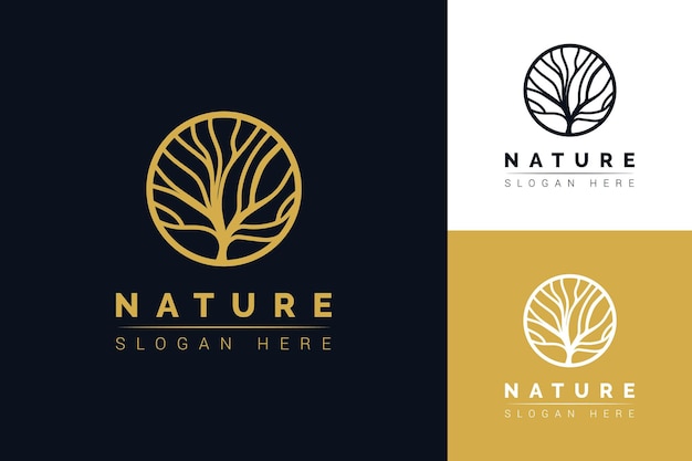 un logotipo de la naturaleza se muestra con un árbol a la derecha