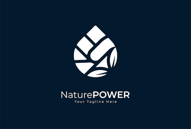 Logotipo de nature droplet, gota de agua, símbolo de hoja y puño de combinación de poder, ilustración vectorial