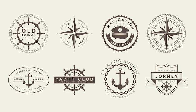 Logotipo náutico Icono del club de barcos Brújula de navegación Capitán de yate Rueda de vela Insignia de la Armada Sombrero de mar Ancla de diseño de emblemas marinos antiguos