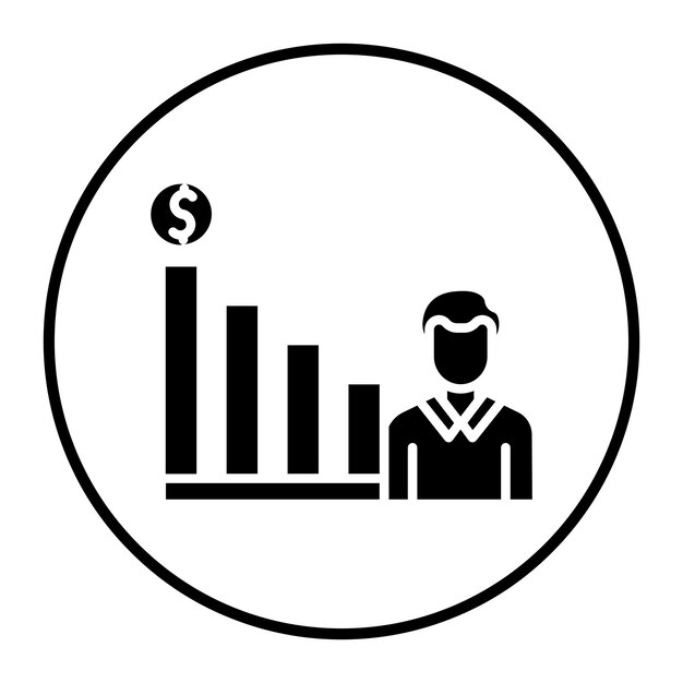 un logotipo de negocio con un hombre de pie detrás de una pila de gráficos