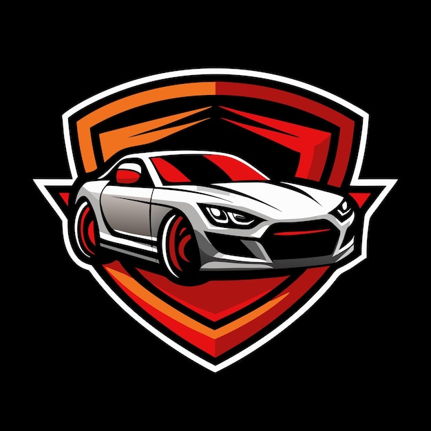 un logotipo negro y naranja con un coche en el centro