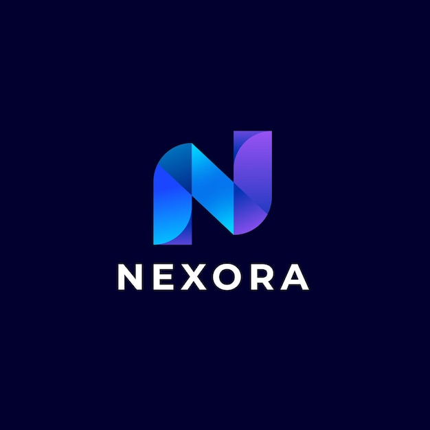 Logotipo de NEXORA Moderno sello geométrico abstracto en gradiente azul y púrpura