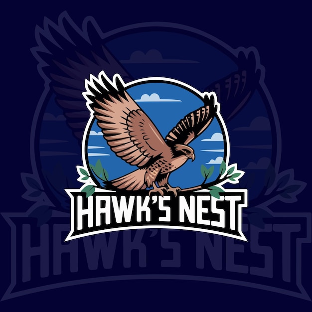 un logotipo para un nido de halcones que tiene un nido para pájaros en él