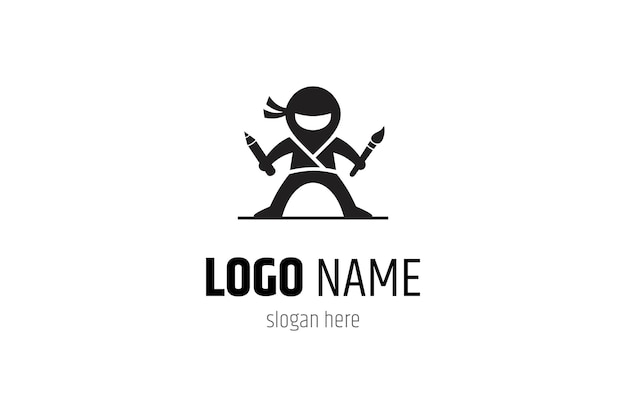 Logotipo de ninja con lápiz y pincel en diseño vectorial plano