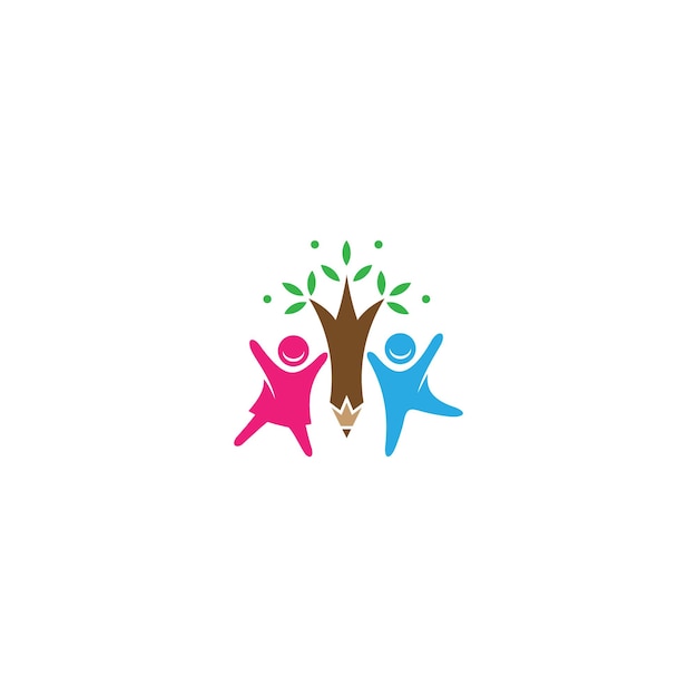 logotipo de niño alegre con combinación de árbol de lápiz en diseño vectorial plano