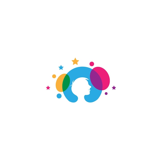 logotipo del niño con burbujas coloridas y estrellas en estilo de diseño plano