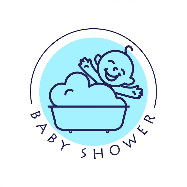 Logotipo de niño plano simple. bebé, artículos para niños, tienda de juguetes, tienda. icono de niños, personaje de bebé. niño feliz sentado en el baño aislado sobre fondo blanco. logotipo de baby shower, cosmética para el cuidado del bebé.