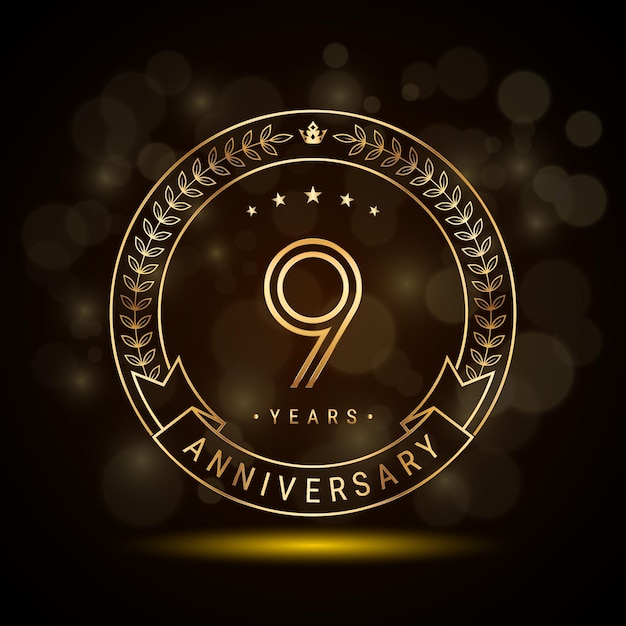 Logotipo del noveno aniversario con corona de laurel dorada y diseño de plantilla de números de doble línea para evento de celebración de aniversario diseño de vector de estilo de doble línea
