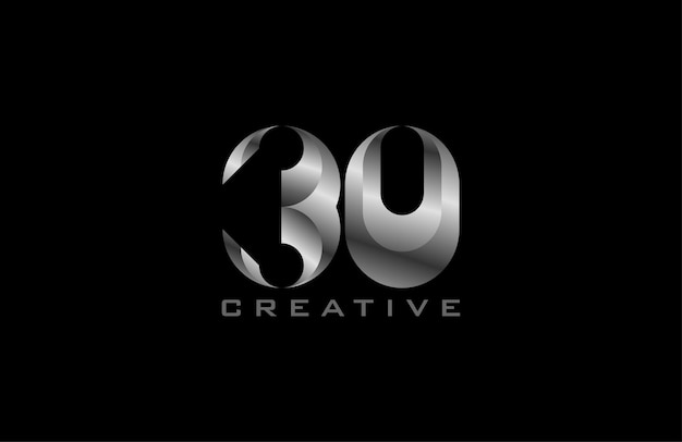 Logotipo número 30, moderno número 30 en estilo de acero plateado, utilizable para aniversarios y logotipos comerciales