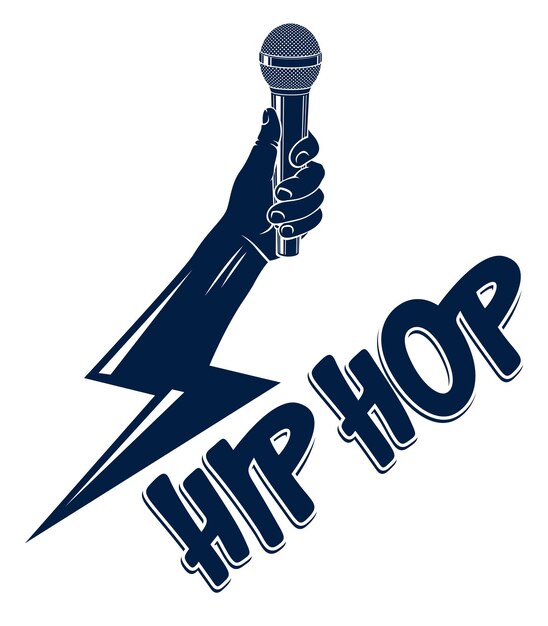 Vector logotipo o emblema vectorial de música rap con micrófono en la mano en forma de rayo hip hop rimas concierto de festival o fiesta de club nocturno impresión de camiseta de etiqueta