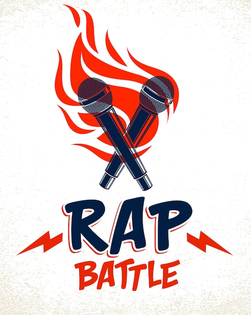 Logotipo o emblema vectorial de rap battle con dos micrófonos cruzados y fuego, micrófono de música de rimas calientes de hip hop en llamas, festival de conciertos o etiqueta de club nocturno, estampado de camisetas.