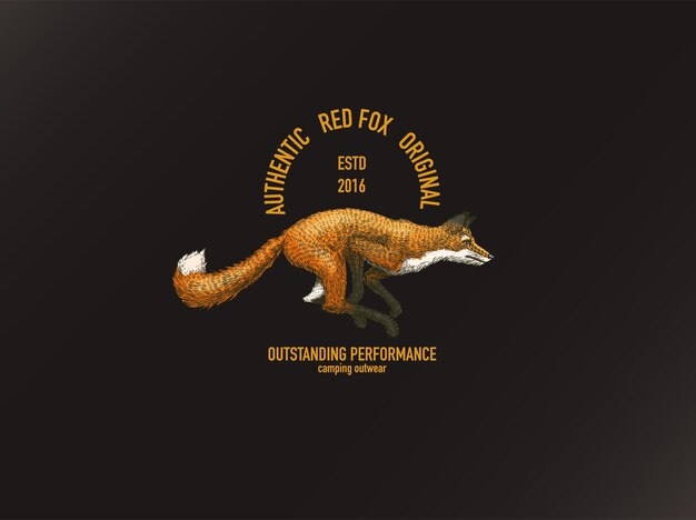 Logotipo o emblema de zorro rojo salvaje, jengibre forestal, animal volador y saltador, vector grabado, insignia dibujada a mano