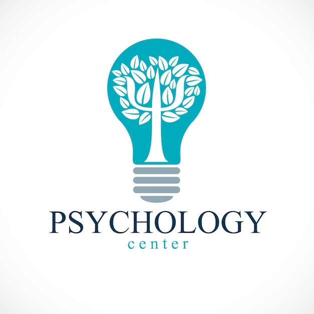 Logotipo o icono vectorial del concepto de psicología creado con el símbolo griego Psi como un árbol con hojas dentro de la bombilla de la idea, concepto de salud mental, análisis de psicoanálisis y terapia de psicoterapia.