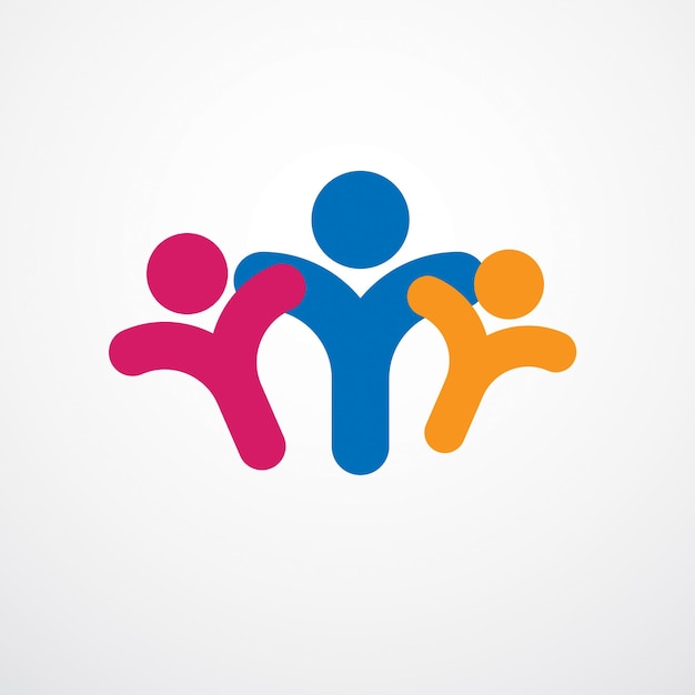 Logotipo o icono vectorial simple de familia feliz creado con signos geométricos de personas. Relación tierna y protectora de padre, madre e hijo.
