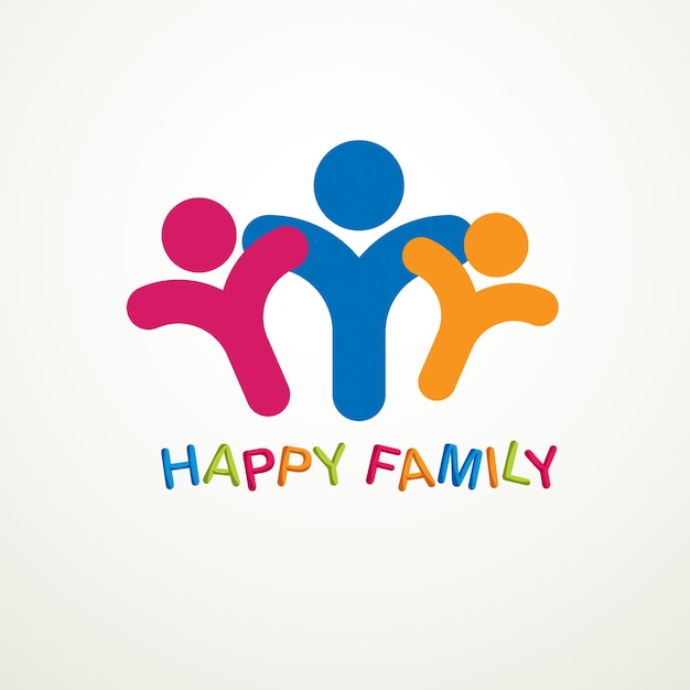 Logotipo o icono vectorial simple de familia feliz creado con signos geométricos de personas. Relación tierna y protectora de padre, madre e hijo.