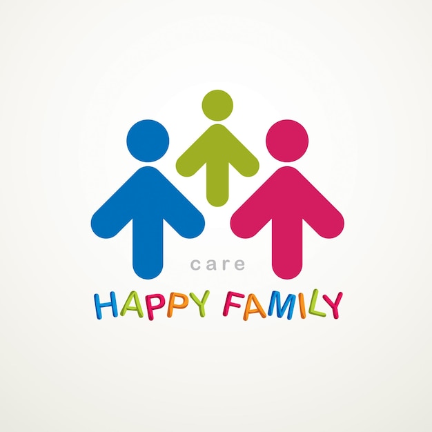 Logotipo o icono vectorial simple de familia feliz creado con signos geométricos de personas. Relación tierna y protectora de padre, madre e hijo.