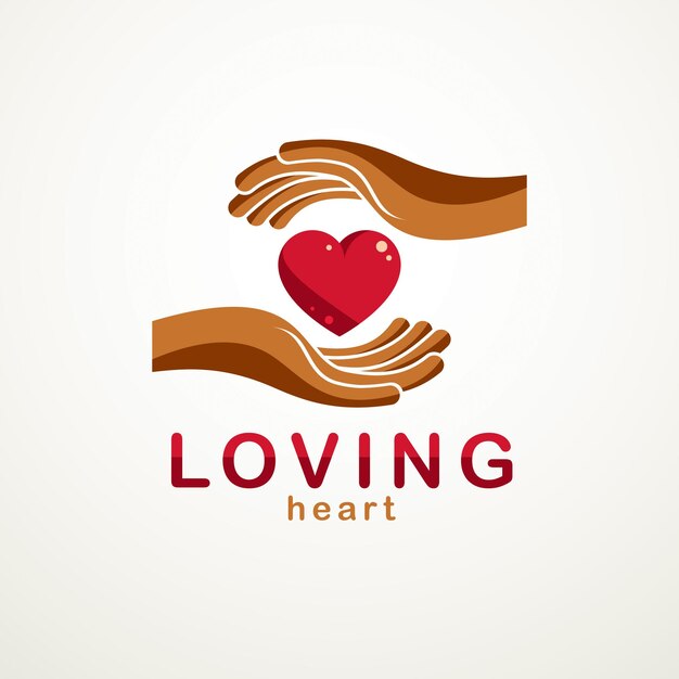 Logotipo o icono vectorial simple de Loving Heart creado con un signo de corazón rojo brillante y cuidado de las manos protectoras.