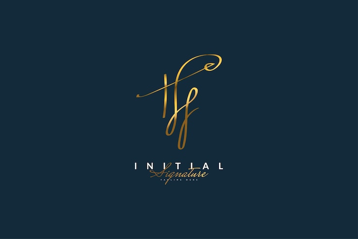 Vector logotipo o símbolo de la firma inicial hf con estilo de escritura a mano en color dorado metálico para bodas, moda, joyería, boutique, identidad botánica, floral y comercial