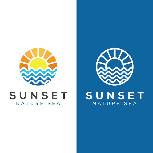 El logotipo del océano, la ola del sol, la puesta de sol, la naturaleza, el logotipo del mar, el vector de diseño, la plantilla.