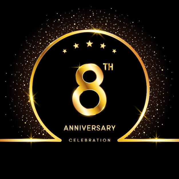 Logotipo del octavo aniversario Diseño del logotipo del aniversario de oro con plantilla de vector de logotipo de número dorado