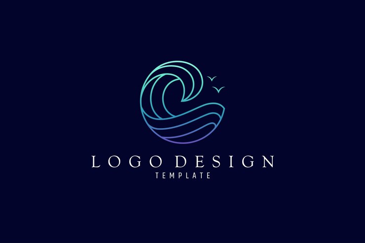 Logotipo de ondas azules con decoración de gaviotas en estilo de diseño de arte lineal y fondo azul oscuro