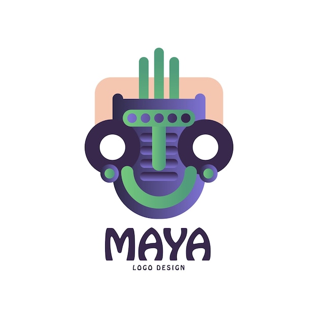 El logotipo original del diseño maya, el emblema con la máscara tribal, el signo azteca, la ilustración vectorial en blanco.
