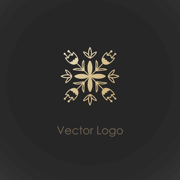 Logotipo de oro Logotipo de oro Diseño mínimo Cosméticos Spa o boutique Decoración floral con curvas dibujada a mano Emblema o insignia de azulejo elegante de lujo Ilustración aislada de vector de identidad de moda empresarial