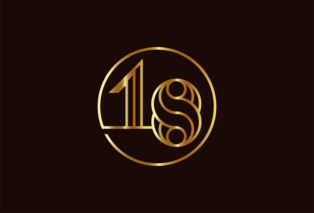 Logotipo de oro número 18 abstracto, estilo de línea de monograma número 18 dentro del círculo