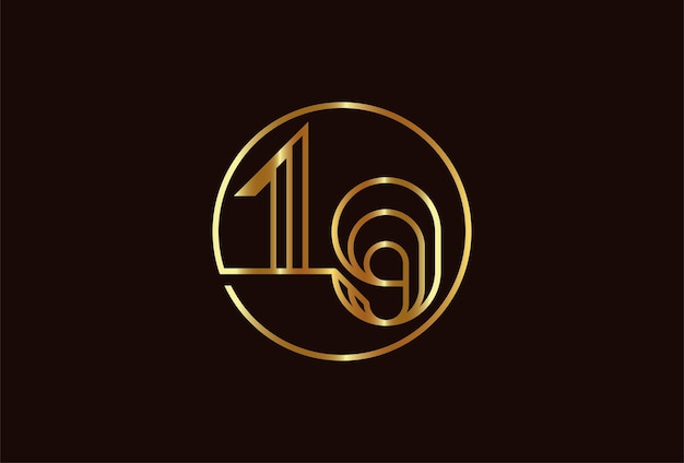 Logotipo de oro número 19 abstracto, estilo de línea de monograma número 19 dentro del círculo