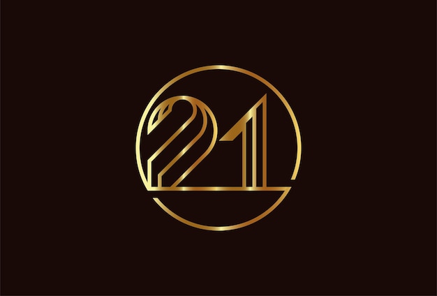 Logotipo de oro número 21 abstracto, estilo de línea de monograma número 21 dentro del círculo