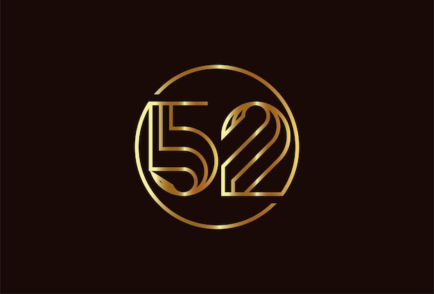 Logotipo de oro número 52 abstracto, estilo de línea de monograma número 52 dentro del círculo