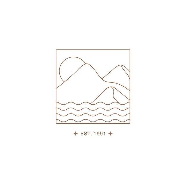 Logotipo de paisaje boho mínimo en estilo lineal de moda Mar olas montañas y sol