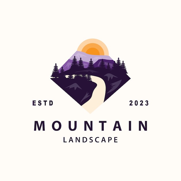 Logotipo del paisaje diseño de aventura en la naturaleza montaña y río ilustración vectorial de lujo