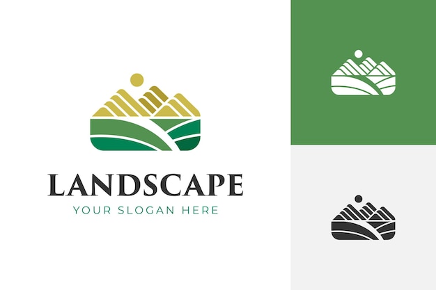 Logotipo de paisaje de montaña con concepto gráfico de torrente de pico de río plantilla de logotipo vectorial