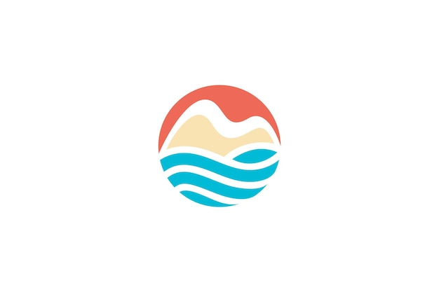 Logotipo de paisaje natural en diseño circular con elementos de montaña y olas de agua en colores pastel