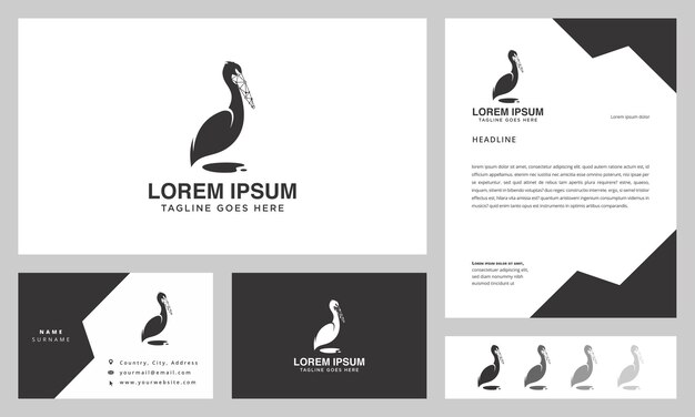 logotipo de pájaro pelícano de tecnología con tarjeta de visita y membrete