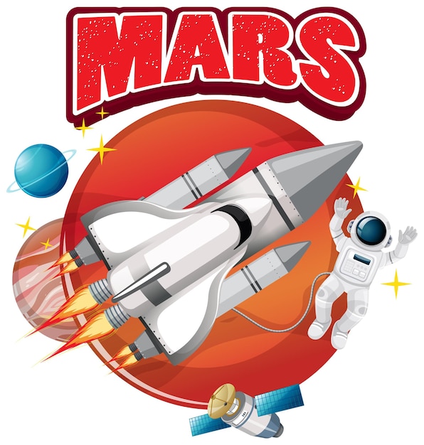 Logotipo de la palabra Marte con nave espacial y astronauta.